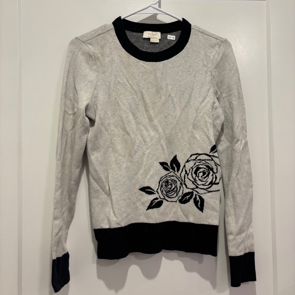 Kate Spade New York Gray Black Rose Floral Cotton Cashmere Sweater Womens XS